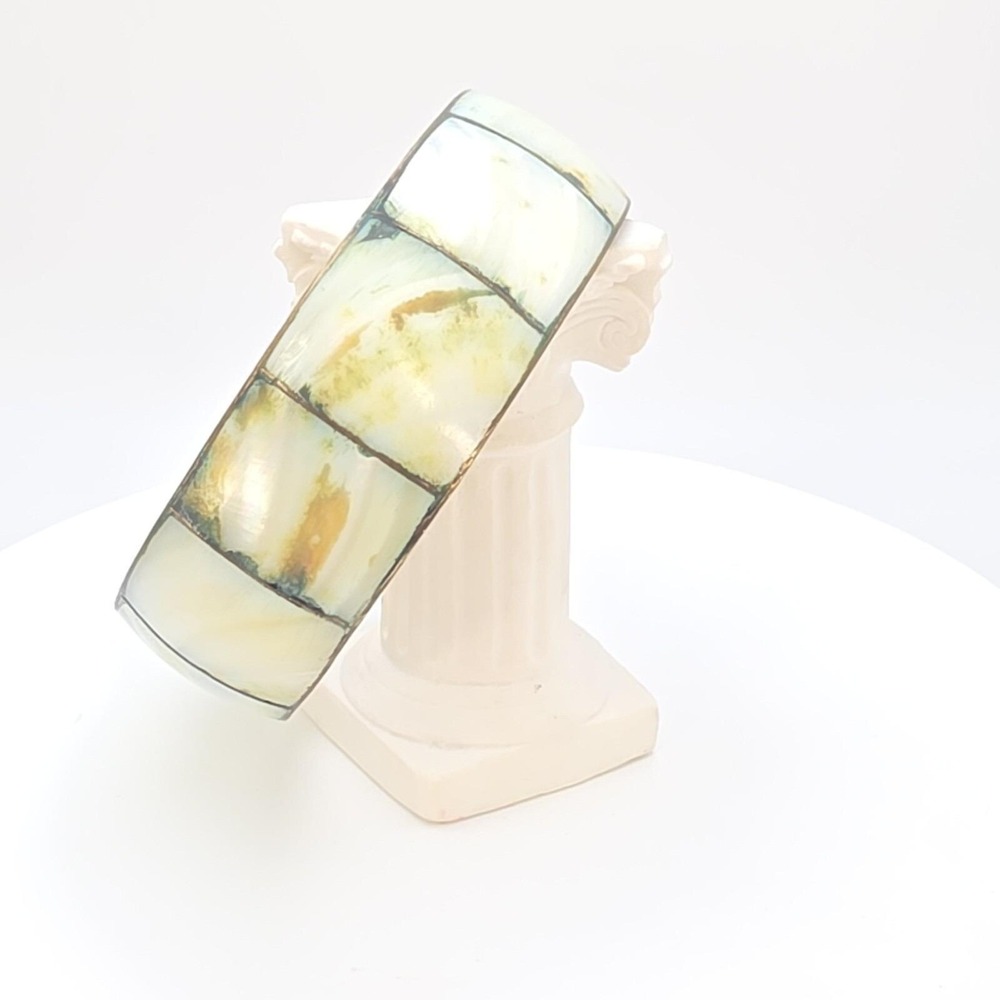 Vintage Mother Of Pearl Inlay Bracelet Wide Brass Bangle 8.5" FREE‎ $HIPPING!! - Picture 6 of 16